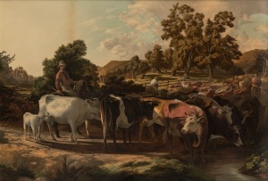 WILLIAM FORD (1823-1884), Last of the Drove, chromolithograph, printed by Sands & McDougall for The Art-Union of Victoria, Season 1880, with original paper label affixed verso, 48 x 70cm, 60 x 82cm overall