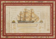 An antique hand-coloured engraving cross-sectional plan of a ship, attractively framed, 19th century, 49 x 63cm overall.