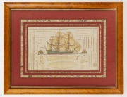 An antique hand-coloured engraving cross-sectional plan of a ship, attractively framed, 19th century, 49 x 63cm overall. - 2