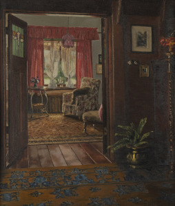 LOIS BROWN, (interior scene with red curtains), oil on canvas, signed and dated lower right, 45 x 40cm, 67 x 62cm overall