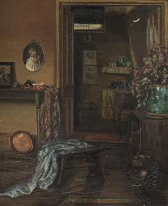 LOIS BROWN (attributed), (interior scene with copper pot), oil on canvas, 45 x 38cm, 62 x 55cm overall