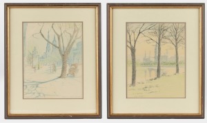 ETHEL CROOK, I.) Collins St., Melbourne, II.) (Yarra River, Melbourne), coloured pencil on paper, both signed lower left "Ethel F. Crook", 23 x 18cm each, 36 x 30cm each overall