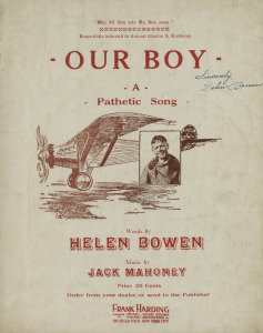 [SHEET MUSIC] "Our Boy, A Pathetic Song" Rare lithograph sheet music by Helen Bowen, signed "Sincerely, Helen Bowen" with printed dedication "Why Did they Take My Boy Away? Respectfully Dedicated To Colonel Charles A. Lindbergh." With attractive portrait 