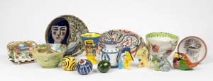 Assorted pottery ornaments, bowls, plate, koala statue, etc., all decorated in brightly coloured glazes, including examples by WENDY LITTLEWOOD, HISCOCK and CUMMINGS, (25 items), the hand-painted plate 22cm diameter