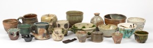 STUDIO POTTERY: Tea bowls, soup bowls, mugs and canisters, Australian and Japanese, various makers, (20 items), the largest 12cm high