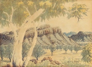 BASIL RANTJI (1936-1999), Hermannsburg School landscape, watercolour, signed lower right "Basel Rantji", ​​​​​​​27 x 35cm, 56 x 66cm overall.