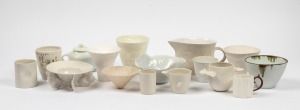 Assorted Australian white or celadon ceramic bowls, beakers, teapot, jugs etc., artists include SANDY LOCKWOOD, SYLVIE RICHARDS, BRUCE NUSKE, KEIKO MATSUI and others, (15 items), the largest 12cm high