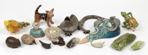 Fifteen assorted pottery and ceramic animal figures and ornaments, various makers including KAREN CHOY, the possum example 24cm high