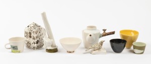 Assorted bowls, teapot, bird ornaments etc., including PATSY HELY and LIZ WHITE, (9 items), the largest 21cm high