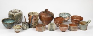 Australian studio pottery wood fired bowls, lidded jars, spoons etc., (15 items), artists include RACHAEL CAVAN, JANET MANSFIELD, OWEN RYE and others, the largest 16cm high