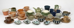 Assorted Australian studio pottery tea ware, dishes, beakers, teapot etc., various makers including GWYN HANSSEN PIGOTT, (38 items), the teapot 9cm high