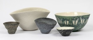 Five assorted contemporary Australian ceramic vases and bowls, including KIM ANH NGUYEN, SOPHIE THOMAS and ROBIN BEST, the largest 17cm high, 32cm wide
