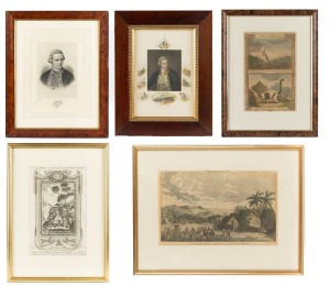 CAPTAIN COOK and DISCOVERY, group of five assorted antique framed prints, ​​​​​​​57 x 46cm overall.
