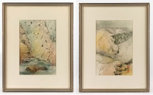 TOR HOLTH (1933-1994), I.) Early Snowfall, II.) The Gorge, watercolour, red seal stamp lower right, each signed and titled verso, accompanied by an illustrated hardcover book by Holth, 31 x 20cm each, 49 x 39cm each overall. ​​​​​​​(3 items).