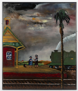 BERNARD HESLING (1905-1987), (train station), enamel on metal, ​​​​​​​51 x 44cm.
