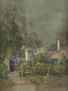 CHARLES FORBES MUDIE (1879-1958), (mother and child in front of a house), oil on canvas, signed lower right "C.F. Mudie", ​​​​​​​48 x 37cm, 50 x 40cm overall.