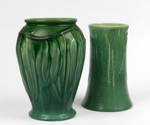 MELROSE WARE two green glazed gum leaf decorated pottery vases, factory marks to bases, 22.5cm and 24cm high