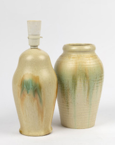 REMUED cream and green glazed pottery table lamp base; together with a similarly glazed mantle vase, (2 items), the lamp 33cm high overall