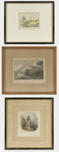 Three assorted antique hand-coloured engravings, two Australian and one English, including "Burke & Wills Monument, Melbourne" and "Vue de New Town", (3 items), the largest 35 x 34cm overall