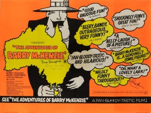 An original colour lithographic movie poster for "The Adventures of Barry McKenzie" [1972, printed in England by W.E. Berry], signed by BARRY HUMPHRIES (writer and actor) and BRUCE BERESFORD (writer and director) and PHILLIP ADAMS (producer); overall 76 x