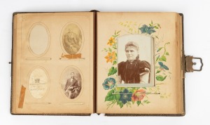 A leather-bound album containing fifty-three cartes de visite, together with eleven cabinet cards; ostensibly all issued by Victorian photographers such as M. Bent, Jennings Brothers, R. Dermer Smith, Benson & Stevenson, Paterson Brothers, and many others