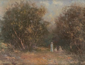 WYKEHAM PERRY (1936-2021), A Picnic Group, oil on canvas board, signed lower left "Wykeham Perry, '84", 34 x 44cm, 54 x 64cm overall