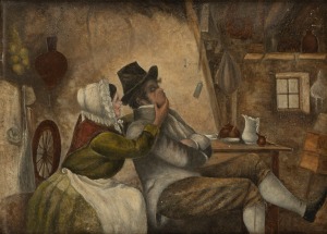 ARTIST UNKNOWN, (interior scene), oil on board, housed in an attractive period cedar frame with original gilt slip, 19th century, 22 x 30cm, 38 x 46cm overall.