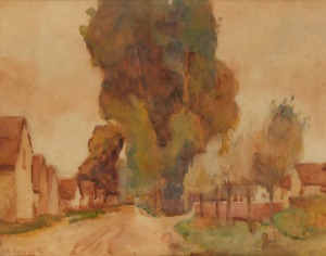 A. HAWDON, (untitled country road), watercolour, signed lower left "A. Hawdon" and dated verso "Aug. '06", 33 x 43cm, 54 x 63cm overall.