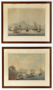 JAMES CLEVELEY (1750 - 1821), (after), I.) The Death Of Captain Cook at Owhyee, II.) The Discovery and Resolution at anchor, Island of Huaheine, Society Islands, during Cook's 3rd voyage, antique hand-coloured aquatints, published 1787-88. bearing "Joshua McClelland Print Room" labels verso, 42 x 60cm each, 67 x 81cm each overall.