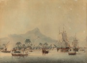JAMES CLEVELEY (1750 - 1821), (after), I.) The Death Of Captain Cook at Owhyee, II.) The Discovery and Resolution at anchor, Island of Huaheine, Society Islands, during Cook's 3rd voyage, antique hand-coloured aquatints, published 1787-88. bearing "Joshua - 2