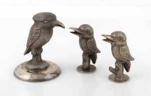 Three assorted Australian silver plated kookaburra statues, early 20th century, ​​​​​​​the largest 8cm high.