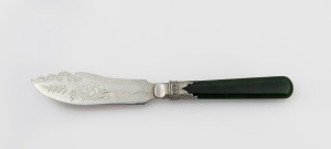 JOHN HISLOP of Dunedin, fine quality antique New Zealand greenstone and silver knife with engraved decoration and dedication "SILVER WEDDING, May 13th 1900", stamped "HISLOP, ST. SILVER", 20cm long.