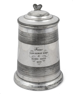 428 · An antique silver plated tankard with inscription "From HAR KAWAY Esq. To MAORI CHIEF, 1869", stamped on the base "COOKE & KELVEY, CALCUTTA", ​​​​​​​17cm high.