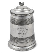 An antique silver plated tankard with inscription "From HAR KAWAY Esq. To MAORI CHIEF, 1869", stamped on the base "COOKE & KELVEY, CALCUTTA", ​​​​​​​17cm high.