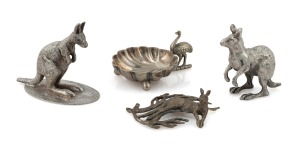 465 · Three antique Australian silver An Australian silver kangaroo ornament (missing some of the tail), two antique Australian silver plated kangaroo ornaments, together with a silver plated salt cellar with emu decoration, 19th/20th century, (4 items), the largest 7cm high.kangaroo ornaments, together with a silver plated salt cellar with emu decoration, 19th/20th century, (4 items), the largest 7cm high.