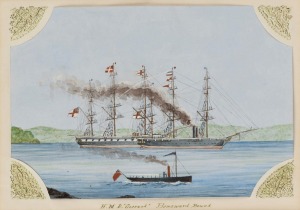 ARTIST UNKNOWN, H.M.S. "Cossack" Homeward Bound, watercolour and ink, inscribed verso "Australia Station, 1873, Watercolour, Lieutenant Barber R.N.", ​​​​​​​17 x 23cm, 35 x 42cm overall.