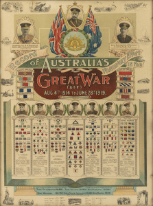 "RECORD OF AUSTRALIA'S VOLUNTARY EFFORT IN THE GREAT WAR (A.I.F.), AUGUST 4th,1914 TO JUNE 28, 1919" chromo-lithograph print attractively presented in period frame, 72 x 57cm overall