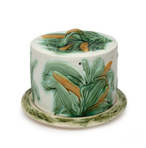 BENDIGO Colonial pottery cheese dish and cover with corn motif, 18cm high, 24cm diameter.