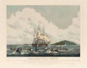 SOUTH SEA WHALE FISHERY, hand-coloured engraving attractively framed and mounted, 72 x 84cm overall