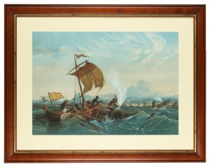 An antique hand-coloured whaling scene engraving, 83 x 107cm overall