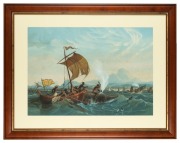 An antique hand-coloured whaling scene engraving, ​​​​​​​83 x 107cm overall