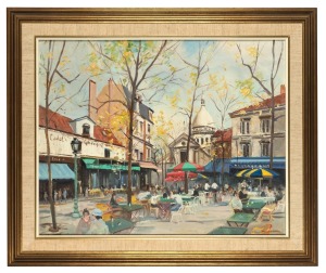 DERMONT HELLIER (1916-2006), La Place du Tertre, oil on canvas board, signed lower right "Dermont Hellier", signed, dated 1968 and titled verso in the artist's hand, 60 x 75cm, 80 x 95cm overall.