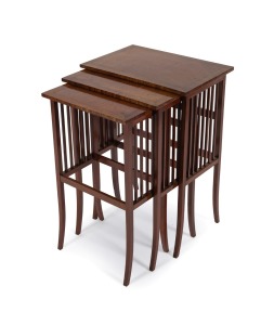 A nest of three fine quality fiddleback blackwood occasional tables, most likely from the workshop of Harry Goldman or ROJO, early 20th century, the largest 66cm high, 46cm wide, 31cm deep.