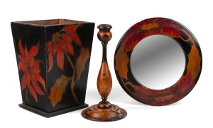 Australian pokerwork candlestick, framed mirror and wastepaper basket, circa 1920s, (3 items), the mirror 30cm diameter.