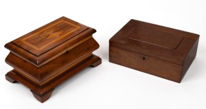 193 · An unusual antique Australian cedar and pine jewellery casket with brown velvet lined interior and mirror to the inside of the lid; together with a fiddleback red gum box, early 20th century, (2 items), 24.5cm and 23.5cm wide