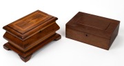 An unusual antique Australian cedar and pine jewellery casket with brown velvet lined interior and mirror to the inside of the lid; together with a fiddleback red gum box, early 20th century, (2 items), 24.5cm and 23.5cm wide