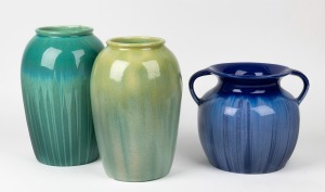 MELROSE WARE blue glazed pottery two handled vase; together with two green glazed mantle vases, (3 items), the largest 28cm high