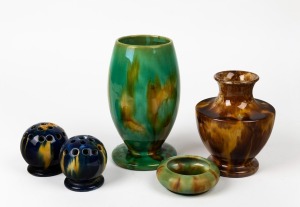 McHUGH pottery vases, flower aids and bowl, (5 items), all with incised signatures, the largest 19.5cm high