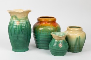 REMUED group of four assorted green glazed pottery vases, including an example with attractive orange highlights, the largest 25.5cm high