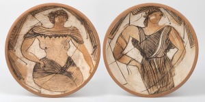 CHERYL WATSON pair of pottery plaques with sgraffito classical figures, incised "Cheryl Watson", 34.5cm diameter